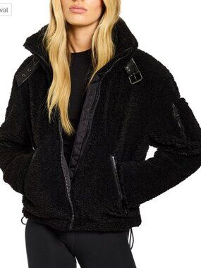 SAM Jacket Womens XS Black Sherpa Fleece Moto Biker Buckle Collar Denver $450